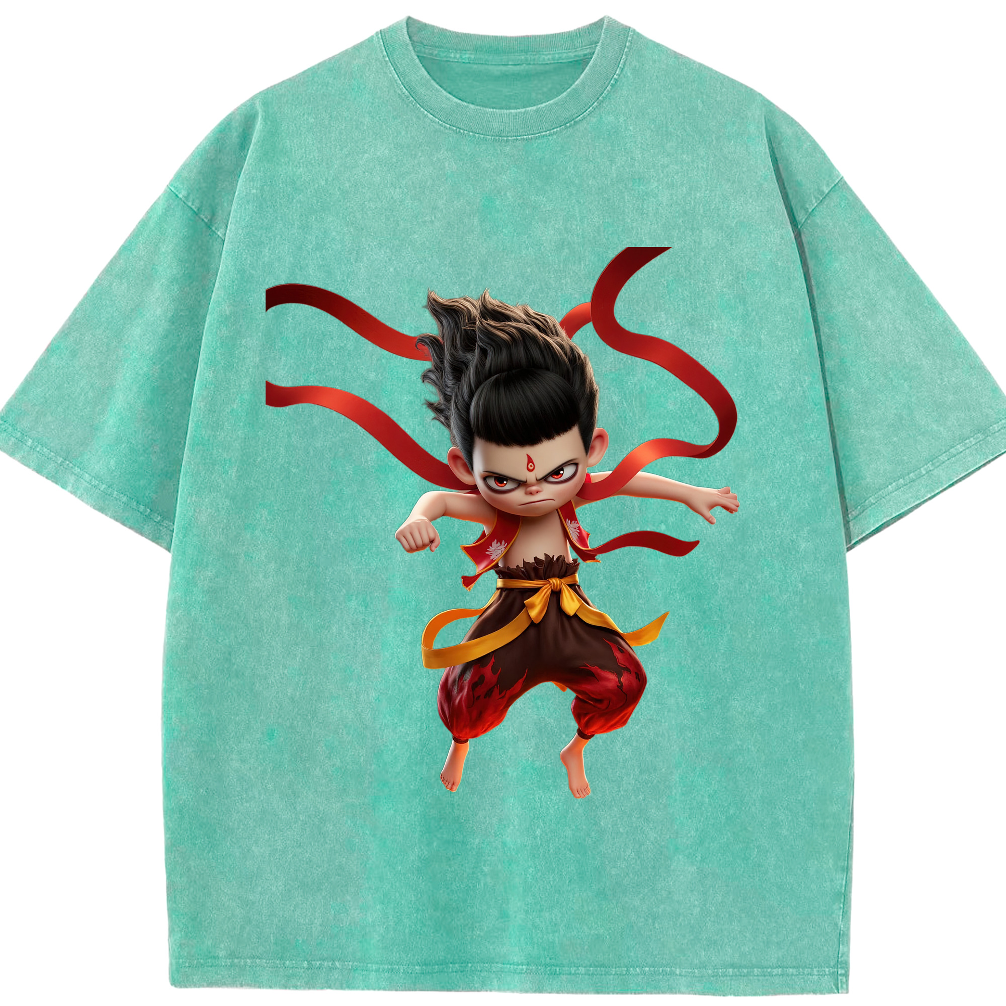 （画像用） Ne Zha 2 ナタ 魔童の大暴れ 綿100% ヴィンテージ風 半袖Tシャツ（フロントプリント）
